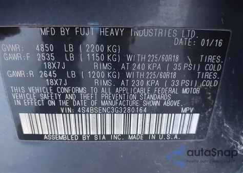 2016 Subaru Outback 3.6R Limited from USA, damaged, VIN 4S4BSENC3G3280164